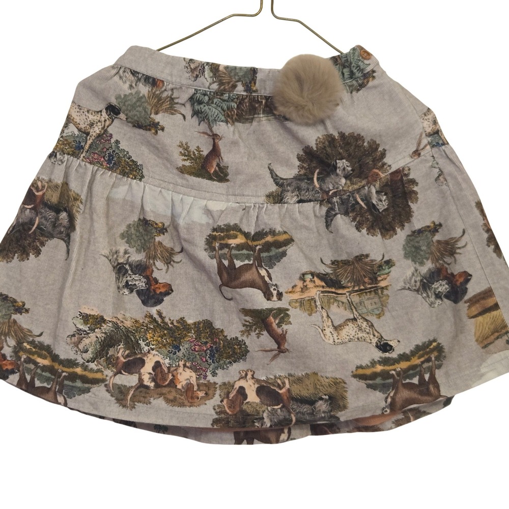 Nanos Girls Corduroy Skirt Dog Rabbit Forest Print Pom Pom Size 10 Grey‎ Tiered